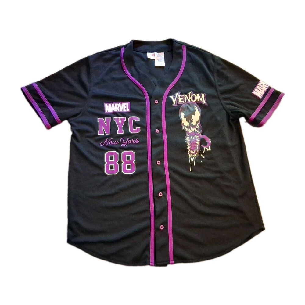 Marvel Venom NYC 88 Baseball Jersey Mens Medium Black Pink Button Front